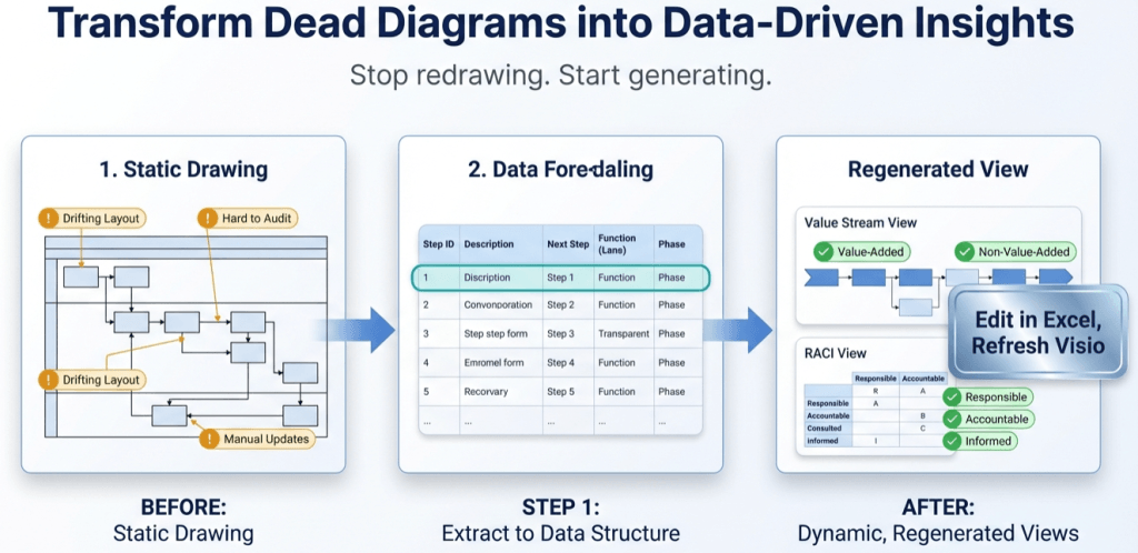 infographic titled “Transform Dead Diagrams into Data-Driven Insights.” It shows a three-step progression from left to right: (1) a static process diagram with warnings like “drifting layout,” “hard to audit,” and “manual updates”; (2) a structured data table representing extracted process steps, functions, and phases; and (3) regenerated, dynamic views including a value stream map highlighting value-added versus non-value-added steps and a RACI (Responsible, Accountable, Consulted, Informed) responsibility matrix. Arrows connect each stage, emphasizing the shift from static drawings to dynamic, data-driven visualizations that can be edited in Excel and refreshed in Visio.
