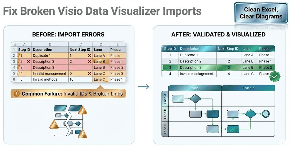 A split-screen comparison graphic titled "Fix Broken Visio Data Visualizer Imports." The left side, labeled "BEFORE: IMPORT ERRORS," shows an Excel dataset with red X marks, invalid IDs, and a broken, disconnected flowchart icon. The right side, labeled "AFTER: VALIDATED & VISUALIZED," displays a clean, error-free dataset connected to a perfectly generated cross-functional swimlane diagram. A shiny badge in the corner reads "Clean Excel, Clear Diagrams."