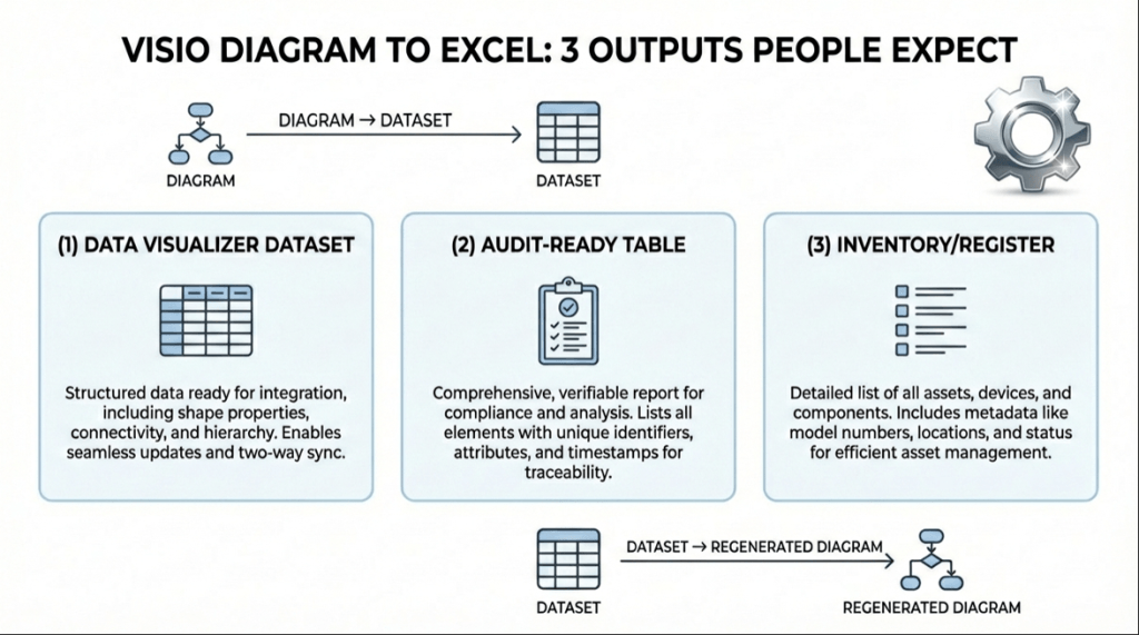 infographic titled “Visio Diagram to Excel: 3 Outputs People Expect.” At the top, a simple diagram icon labeled “Diagram” points to a table icon labeled “Dataset.” Below are three side-by-side panels. Panel one, “Data Visualizer Dataset,” shows a table icon and explains that structured data includes shape properties, connectivity, and hierarchy, enabling two-way synchronization. Panel two, “Audit-Ready Table,” shows a clipboard icon and describes a comprehensive, verifiable report with unique identifiers, attributes, and timestamps for traceability. Panel three, “Inventory/Register,” shows a checklist icon and describes a detailed asset list with metadata such as model numbers, locations, and status. At the bottom, a dataset icon points to a regenerated diagram icon, indicating the dataset can recreate the diagram.