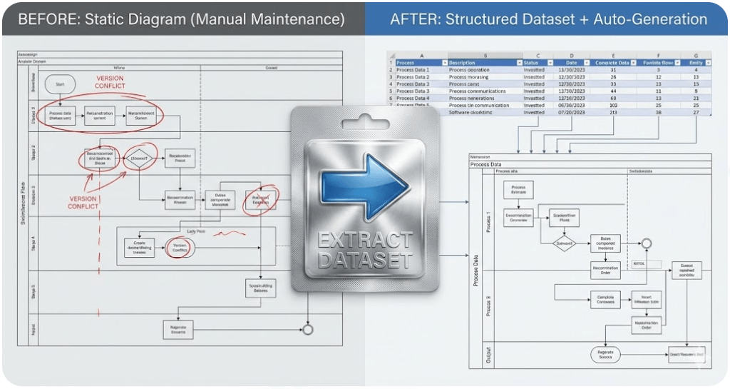 A wide technical illustration contrasting a messy manual Visio diagram on the left with an organized Excel dataset and auto-generated diagram on the right, separated by a shiny metallic "Extract Dataset" badge.